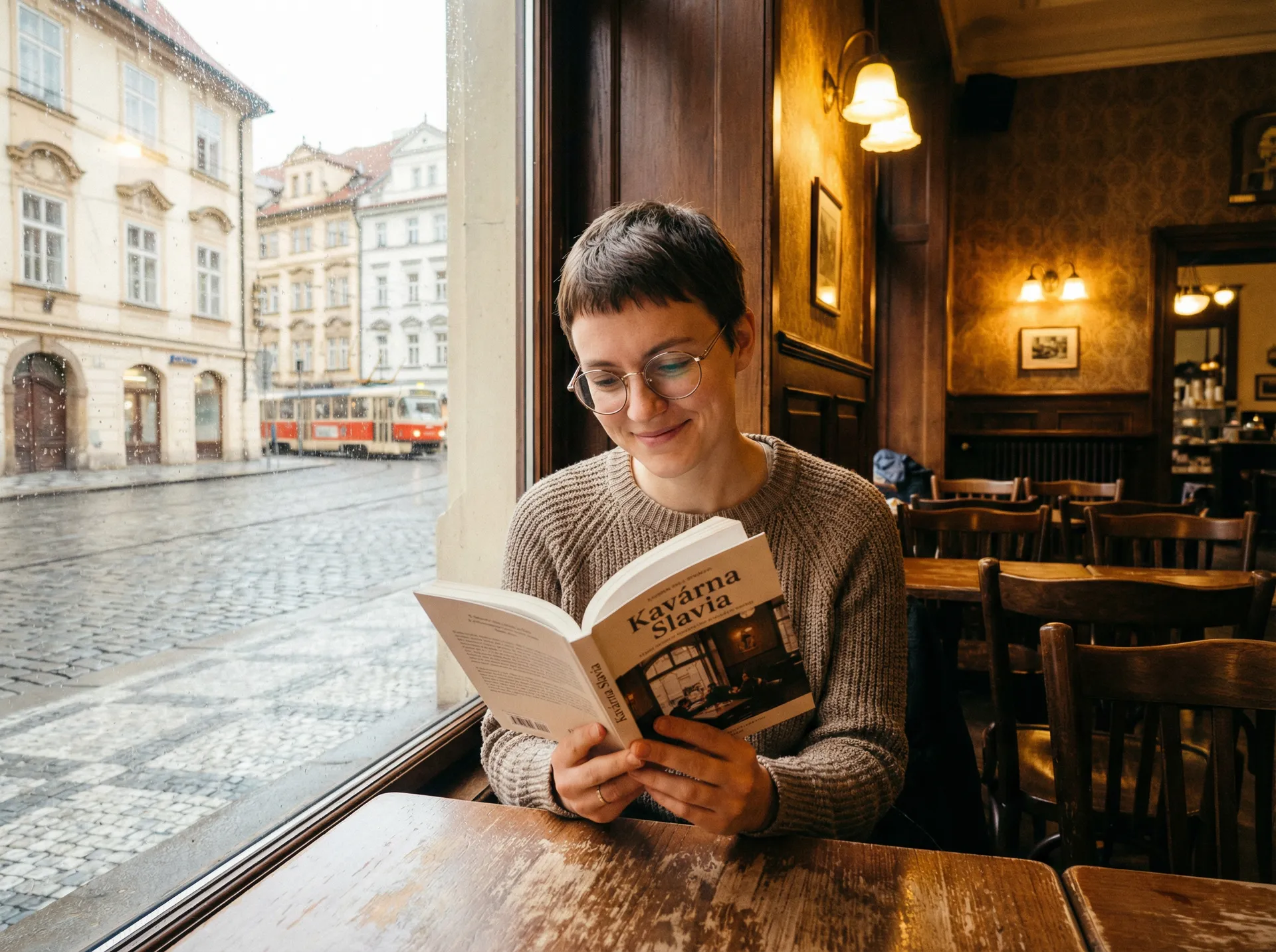 布拉格咖啡馆窗边阅读的女子 - 街头搭讪 城市生活纪实